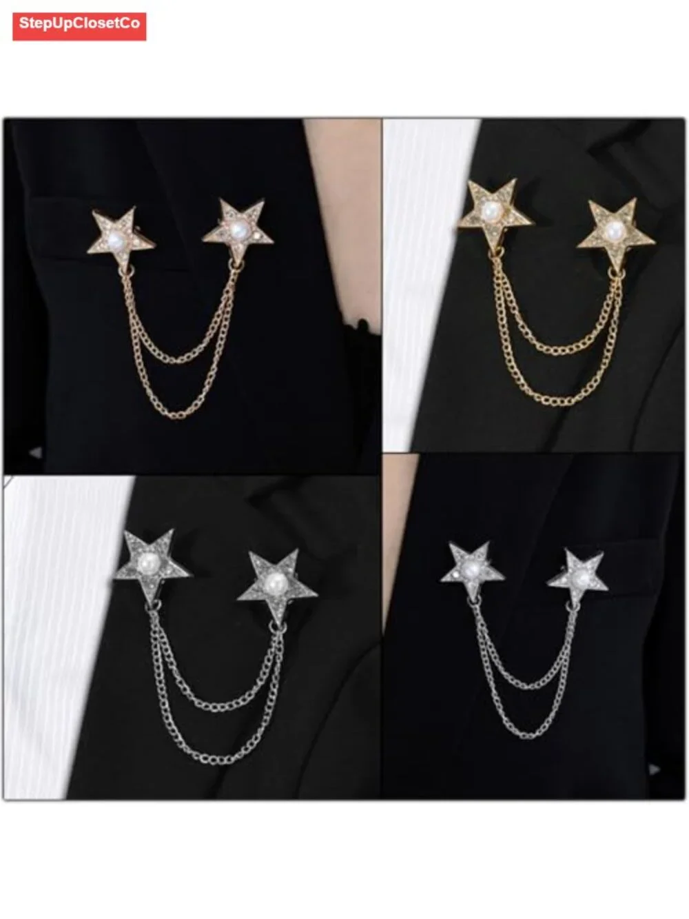 Star Tassel Long Chain Brooch Women Imitation Rhinestone Pearl Lapel Pin